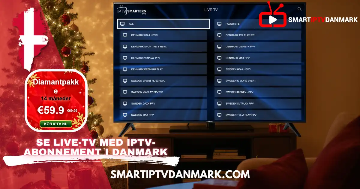 Moderne par ser TV i juletiden i en hyggelig stue med juletræ og julemiddag. Billedet på TV'et viser et slot. Scenen promoverer IPTV DANMARK og Nordic IPTV-tjenester for en god oplevelse i ferien.