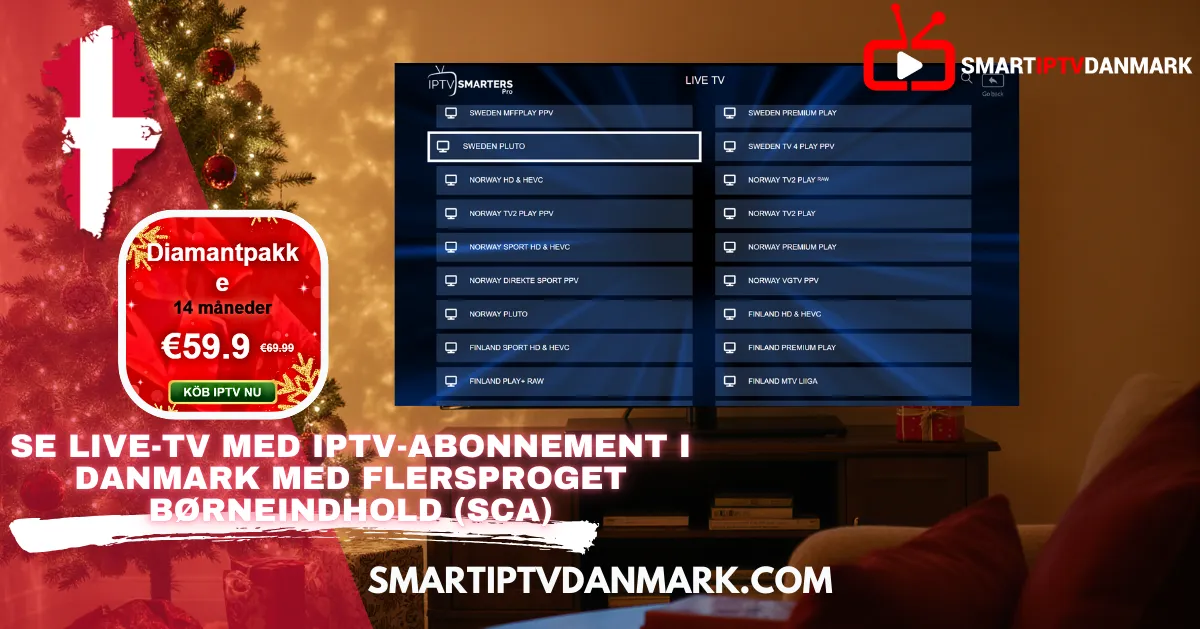 Moderne par sidder i en julepyntet stue med mad på bordet og ser TV (slot på skærmen). Billedet symboliserer hygge med en Nordic IPTV-tjeneste, ideelt for dem, der søger IPTV DANMARK og et pålideligt Dansk IPTV-abonnement.