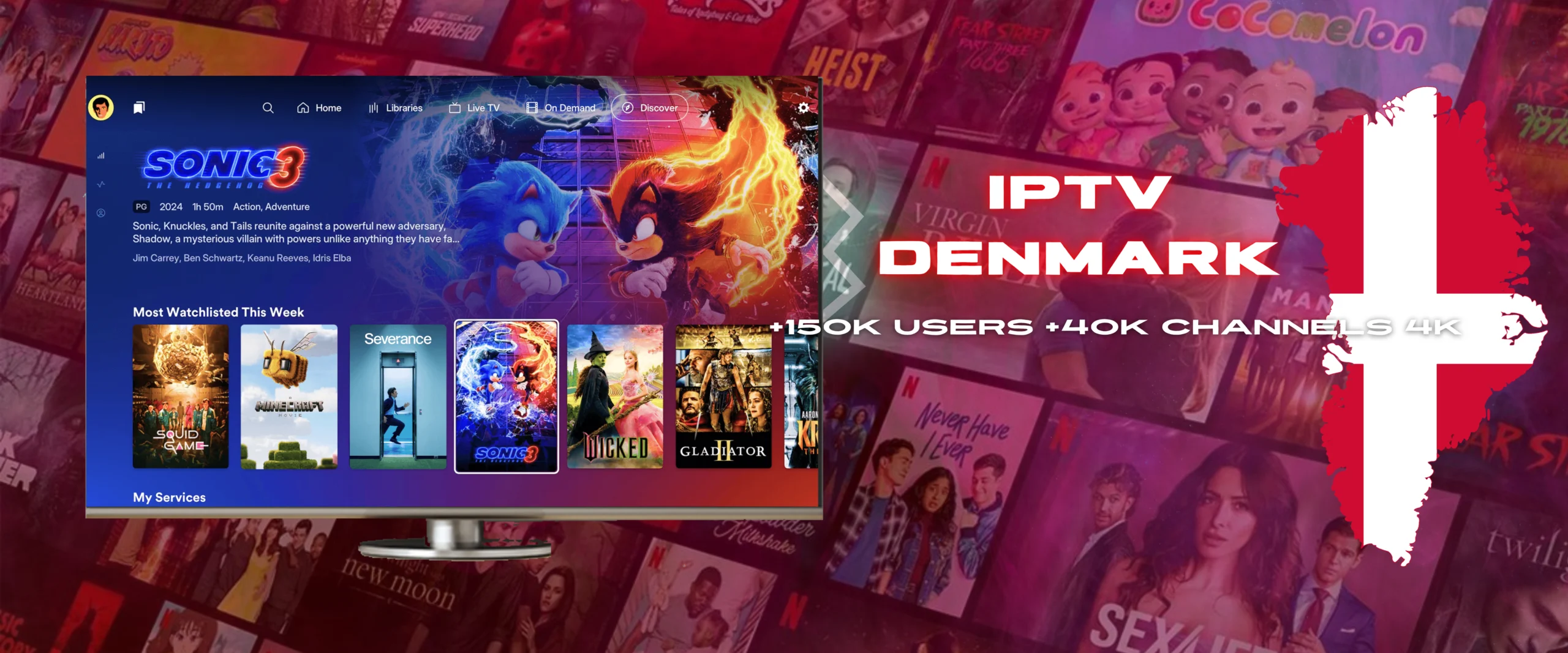 TV screen showing Sonic 3 movie interface with most-watched shows, overlayed by a red Danish map and text “IPTV Denmark +150K users +40K channels 4K” in a streaming service context
