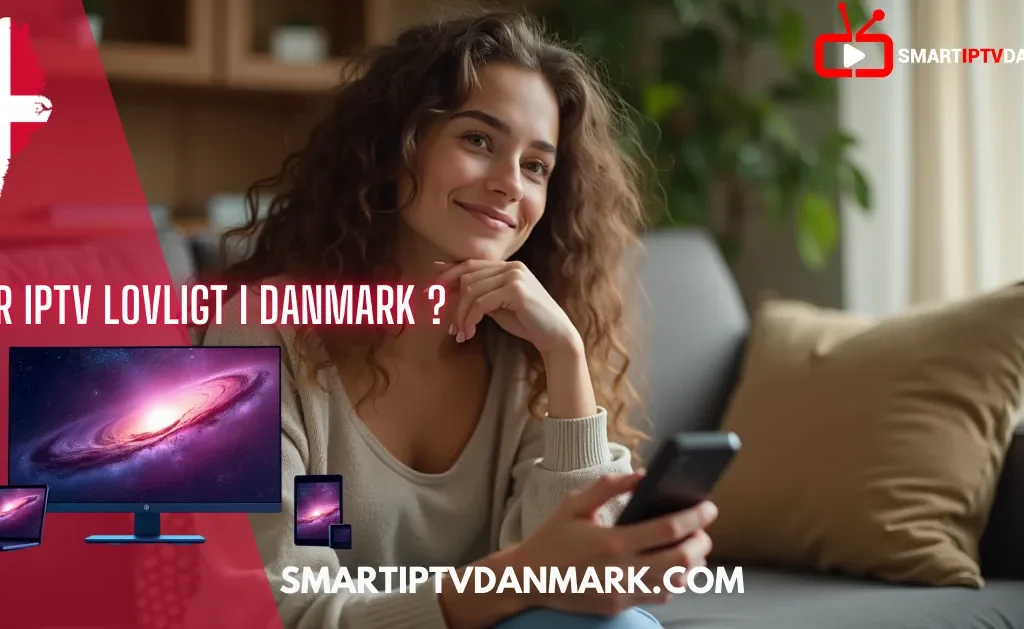 En kvinde sidder i sofaen med en fjernbetjening i hånden, foran hende er en skærm, tablet og smartphone med IPTV DK – viser en galaksebaggrund, symbol på Smart IPTV Danmark.