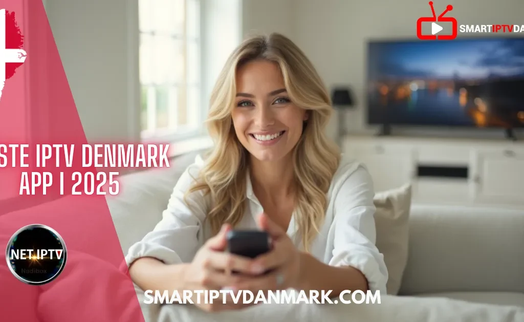 Smilende kvinde holder fjernbetjening og ser IPTV i Danmark – bedste Denmark IPTV app 2025