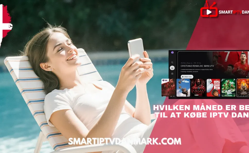 Kvinde slapper af ved poolen og bruger sin telefon til at vælge den bedste måned for at købe abonnement på Danmark IPTV 2025 via Smart IPTV DANMARK, IPTV Norden, og Smart IPTV Nordic.