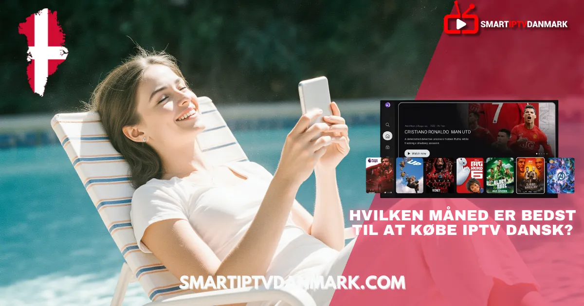 Kvinde slapper af ved poolen og bruger sin telefon til at vælge den bedste måned for at købe abonnement på Danmark IPTV 2025 via Smart IPTV DANMARK, IPTV Norden, og Smart IPTV Nordic.
