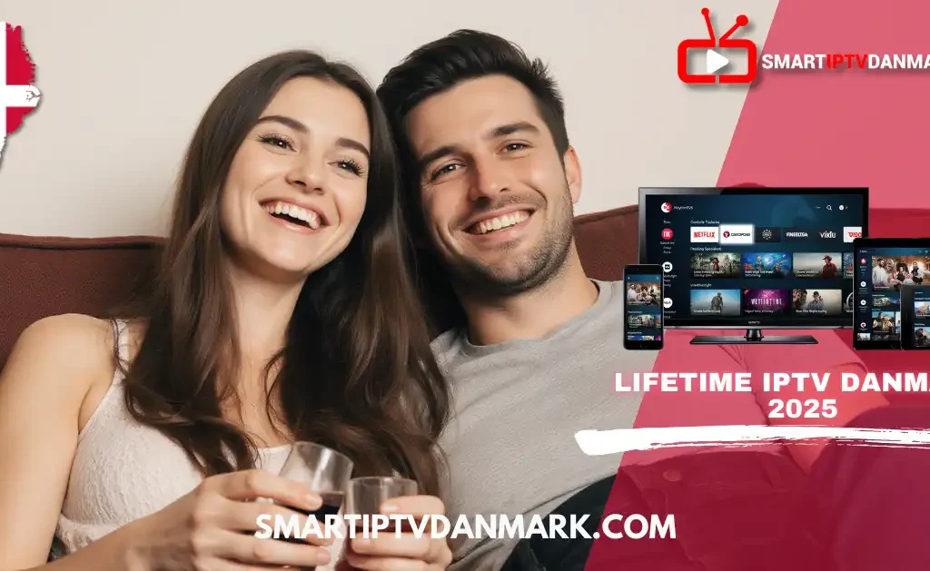 Couple enjoying Smart IPTV Danmark with lifetime IPTV subscription on TV, tablet, and mobile – dansk IPTV lovligt