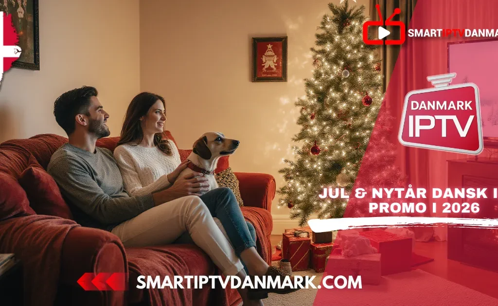 Par hygger i stuen med juletræ, hund og Smart TV – Jul & Nytår Dansk IPTV Promo 2026 fra Smart IPTV Danmark 2025
