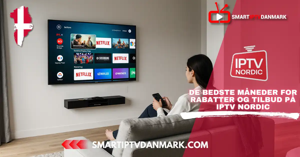 Kvinde ser Smart TV med IPTV Danmark 2025 interface – rabatter og tilbud på IPTV NORDEN, Trex IPTV Danmark og iptv dk