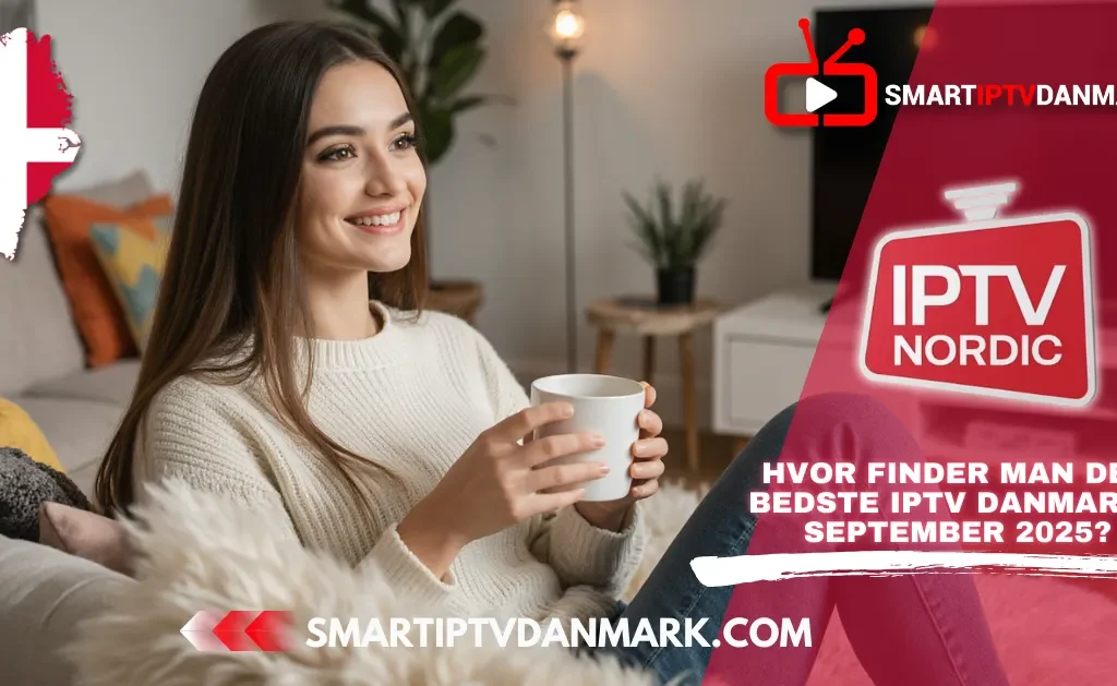 Kvinde med en kop kaffe nyder IPTV Nordic Television hjemme – SmartIPTVDanmark tilbyder Nordic IPTV 2025 med IPTV TV i høj kvalitet.