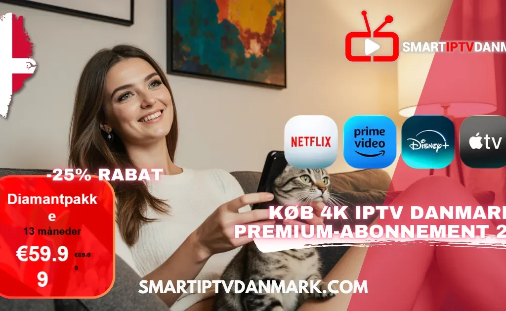 Kvinde, der nyder 4K IPTV Danmark 2025 på sin smartphone sammen med sin kat – SMART IPTV DANMARK Premium-abonnement med 25 % rabat.