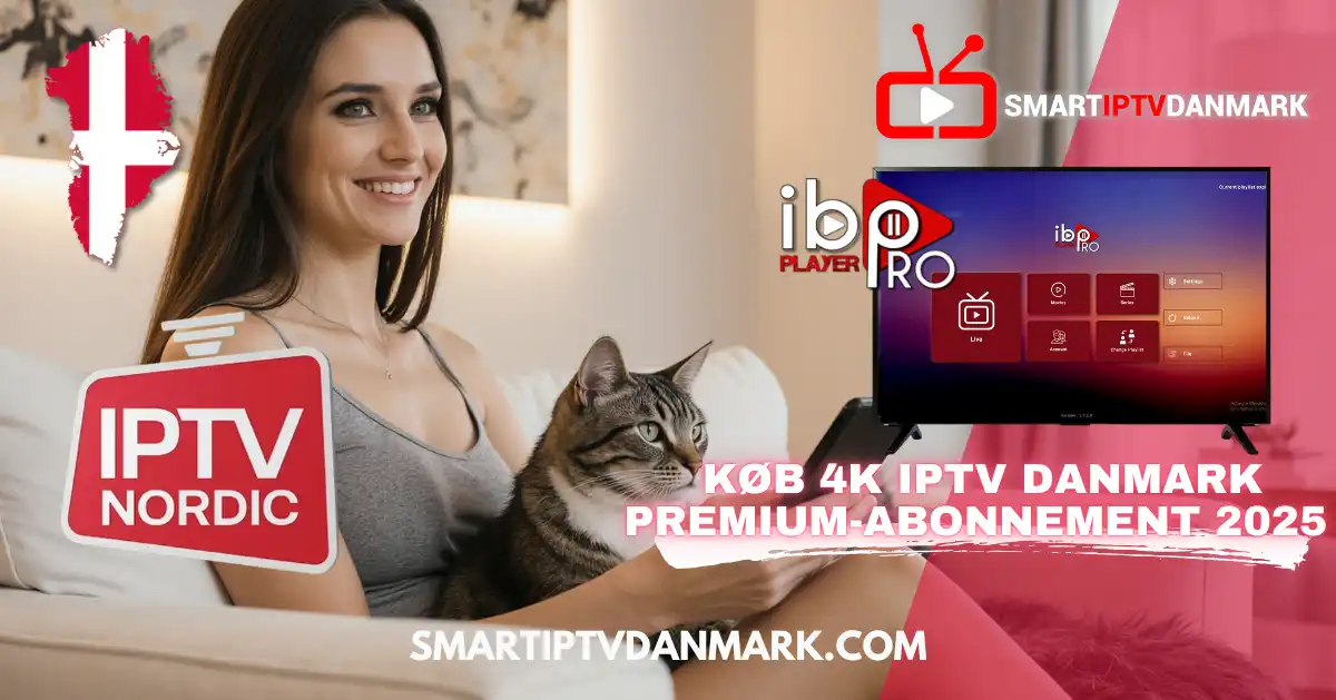 Kvinde, der ser 4K IPTV Danmark 2025 med sin kat, mens hun bruger IBO Player Pro på Smart TV – SMARTIPTVDANMARK Premium-abonnement.