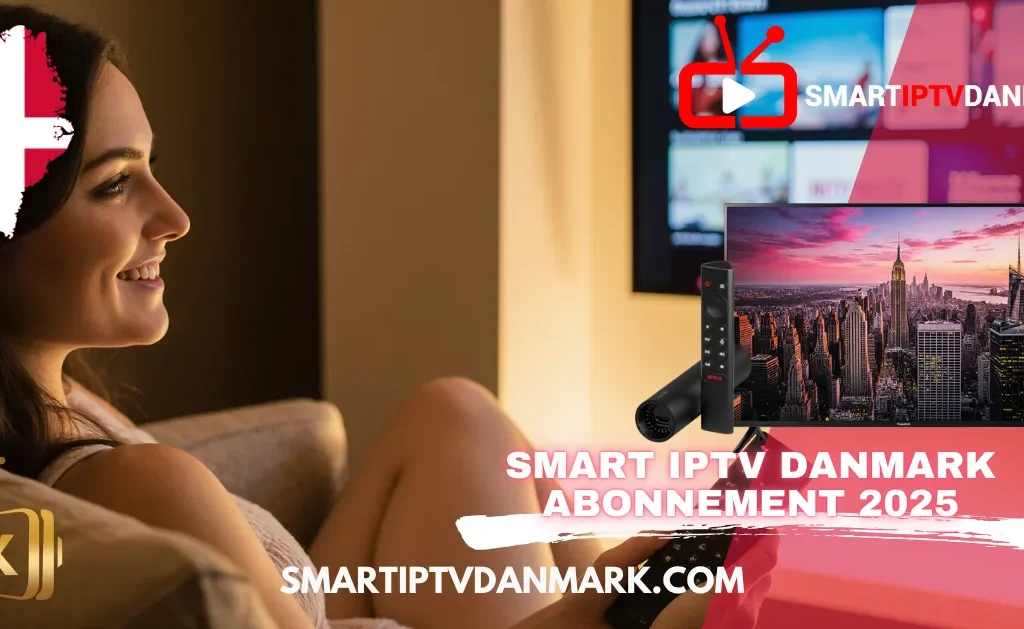 SMART IPTV DANMARK Abonnement 2025. Glad kvinde ser 4K TV på storskærm. Inkluderer dansk, nordisk og internationalt indhold. Find bedste IPTV DK.