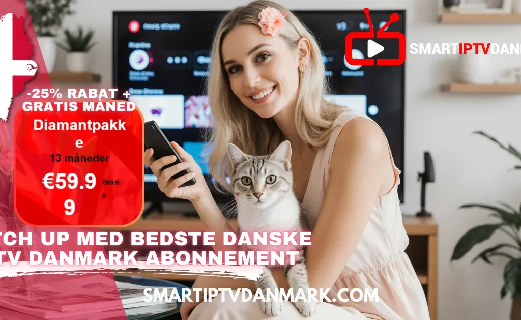 Kvinde med kat sidder foran TV’et og bruger fjernbetjeningen, reklame for IPTV Danmark Premium 2025-abonnement.