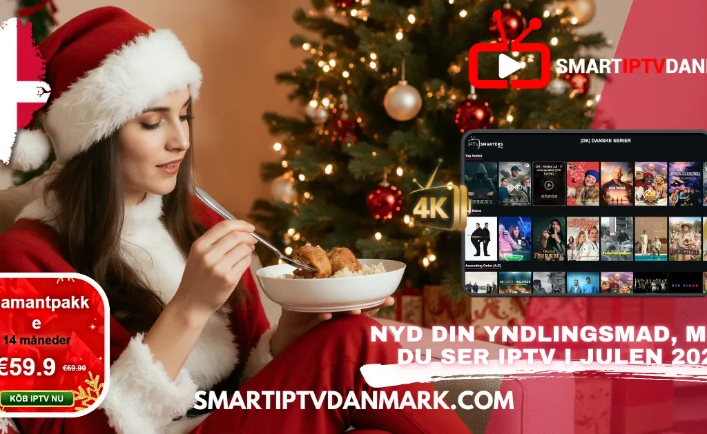 En kvinde i nissehue nyder mad foran et juletræ med reklame for IPTV Danmark Julekampagne 2025 og et dansk IPTV-abonnement til 59.9 Euro.