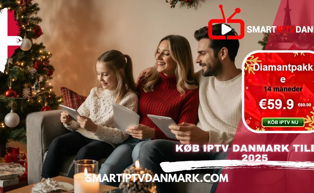 Familie i Danmark ser TV sammen i julestemning med dansk IPTV – køb IPTV Danmark tilbud 2025 med Nordic IPTV subscription og IPTV Norden