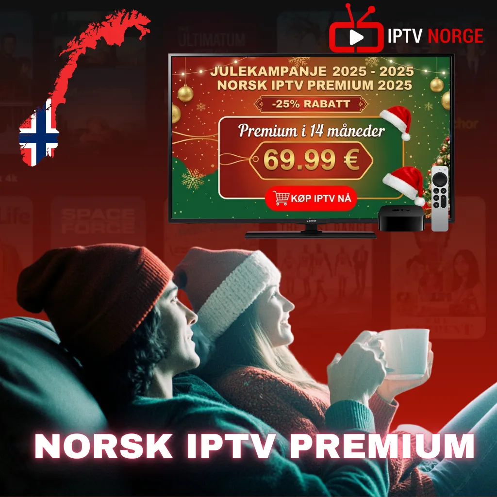 Et profesjonelt julekort for IPTV Norge som viser et spesialtilbud på IPTV abonnement. Bildet har en rød og grønn bakgrunn med et juletre og teksten "Christmas Special - 25% Discount". Det reklameres for et Norsk IPTV premium-abonnement på 14 måneder til en IPTV pris på €69,99 med en rød "Buy Now"-knapp.